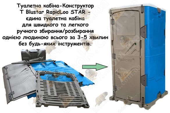 Туалетна кабіна T Blustar RapidLoo STAR (blu stark b04) в розібраному та зібраному стані: бічні та задня стінки, двері, піддон, дах, накопичувальний бак для відходів, вентиляційна труба, тримач туалетного паперу