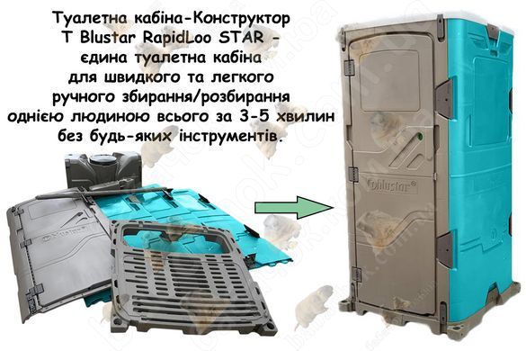 Туалетна кабіна T Blustar RapidLoo STAR (verde tiffany v07) в розібраному та зібраному стані: бічні та задня стінки, двері, піддон, дах, накопичувальний бак для відходів, вентиляційна труба, тримач туалетного паперу