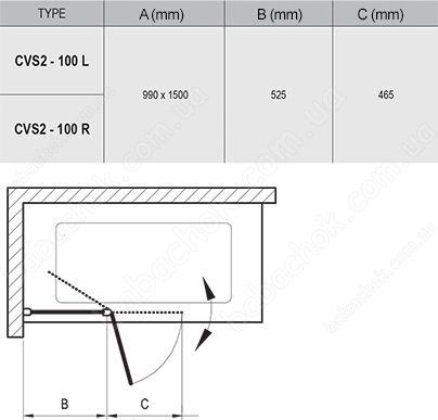 Штора для Ванны Ravak CVS2-100 L Transparent (7QLA0C00Z1)