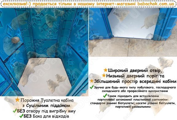Порожня Туалетна кабіна з Суцільним піддоном, Широким дверним отвором, Низьким дверним порогом та Збільшеним простором всередині кабіни