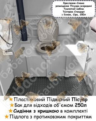Креслення-Схема розміщення Пластикового Підвісного Пісуара, Бак для відходів об'ємом 250л, Сидіння з кришкою в комплекті, Підлога з протиковзким покриттям