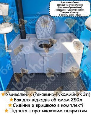 Креслення-Схема розміщення Умивальника (Раковина+Рукомийник 3л), Бак для відходів об'ємом 250л, Сидіння з кришкою в комплекті, Підлога з протиковзким покриттям