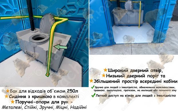 Поручні-опори для рук, Бак для відходів об'ємом 250л, Сидіння з кришкою в комплекті, Широкий дверний отвір, Низький дверний поріг та Збільшений простір всередині кабіни