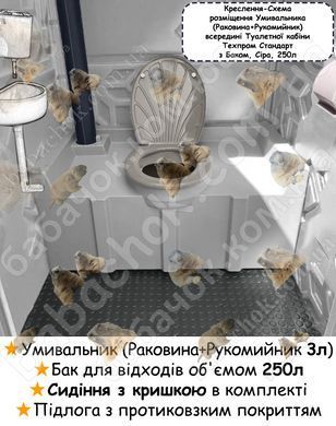 Креслення-Схема розміщення Умивальника (Раковина+Рукомийник 3л), Бак для відходів об'ємом 250л, Сидіння з кришкою в комплекті, Підлога з протиковзким покриттям