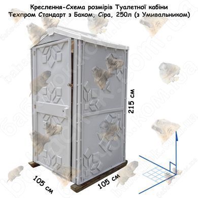 Креслення-Схема розмірів Туалетної кабіни Техпром Стандарт з Баком, Сіра, 250л (з Умивальником)
