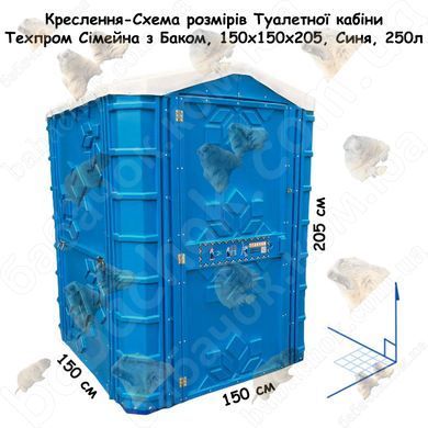 Креслення-Схема розмірів Туалетної кабіни Техпром Сімейна з Баком, 150x150x205, Синя, 250л