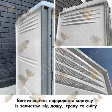 Вентиляційна перфорація корпусу з піддашоком для захисту від дощу, граду та снігу