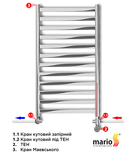 Комбинированный Полотенцесушитель Лестница с Нижним подключением к Системе Отопления через Угловой Регулирующий Кран под ТЭН